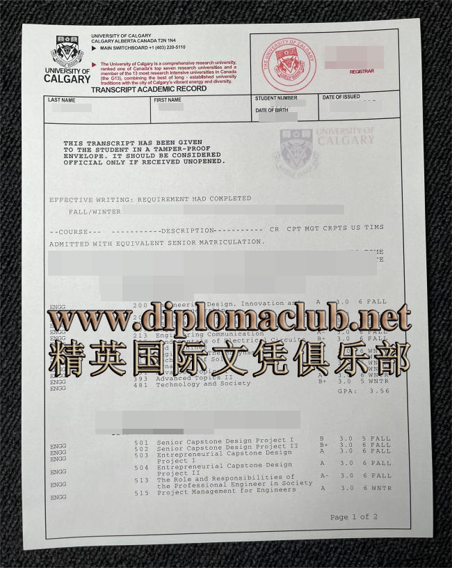 卡尔加里大学成绩单