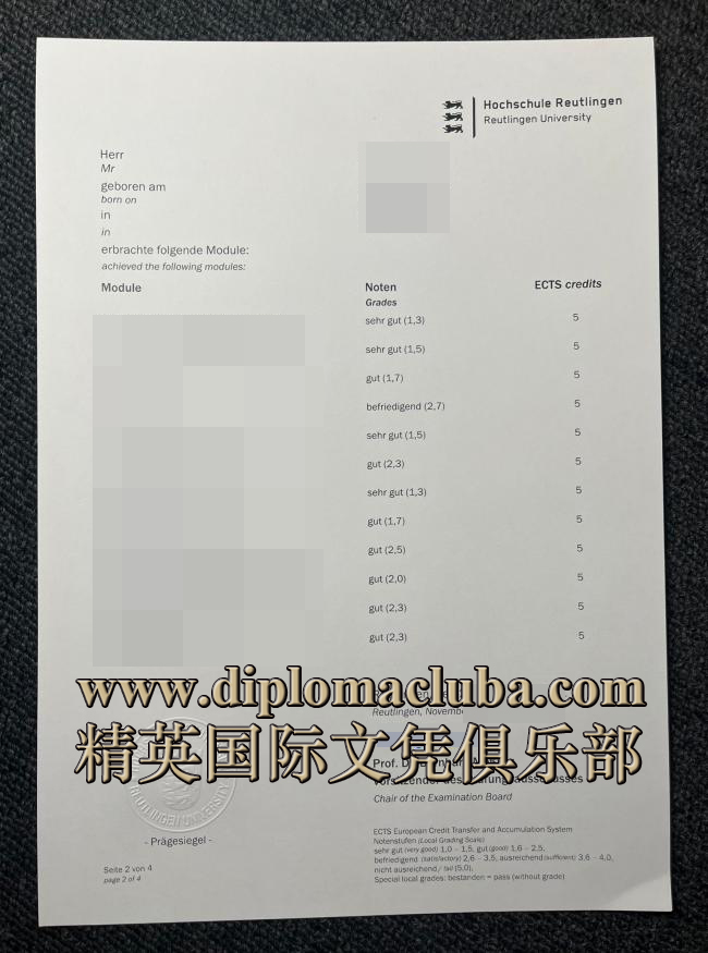 罗伊特林根应用技术大学成绩单