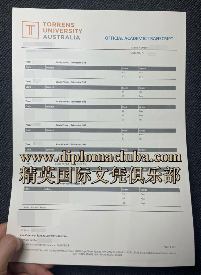 澳大利亚托伦斯大学成绩单