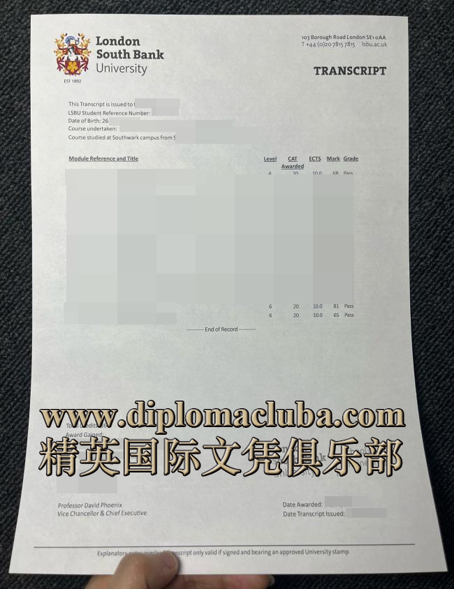 伦敦南岸大学成绩单