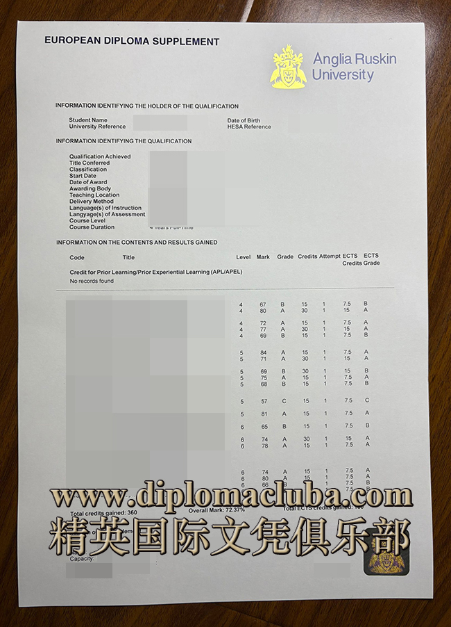 安格利亚鲁斯金大学成绩单