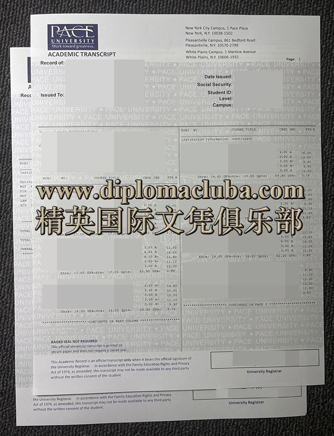 佩斯大学成绩单